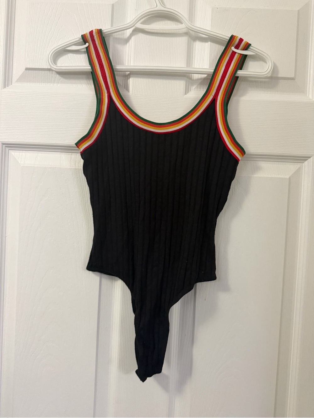 Ribbed Black One-Piece with Rainbow Trim